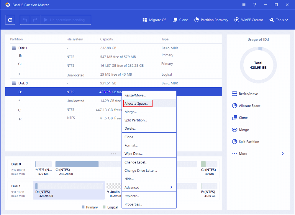 選擇磁區開始分配空間