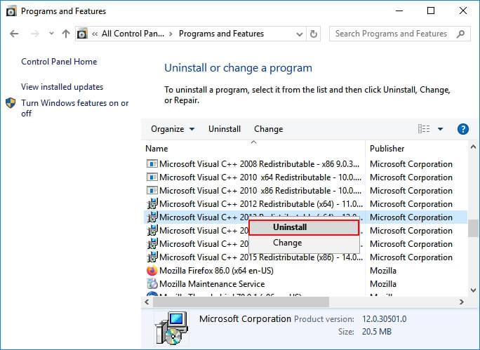 重新安裝執行時函式庫