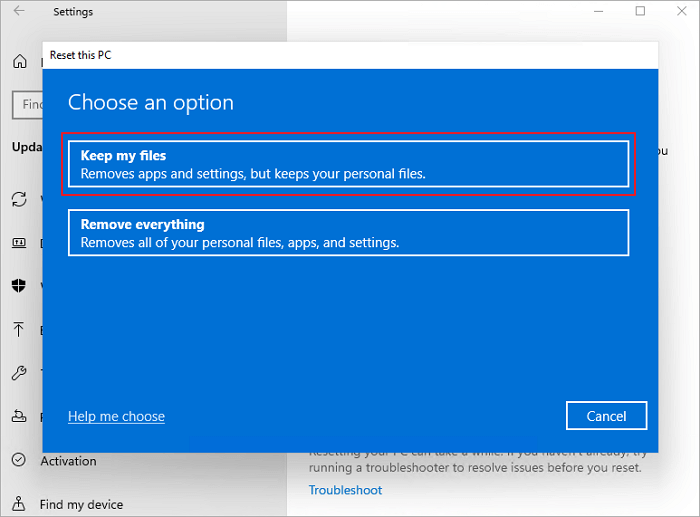 選擇重置電腦的選項
