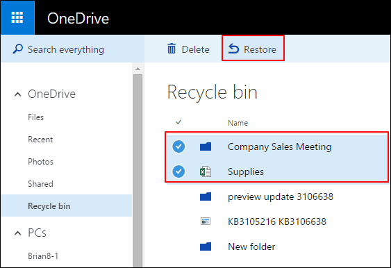 從 onedrive 回收站恢復文件