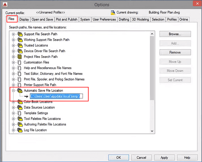 尋找丟失的CAD檔案的自動儲存位置
