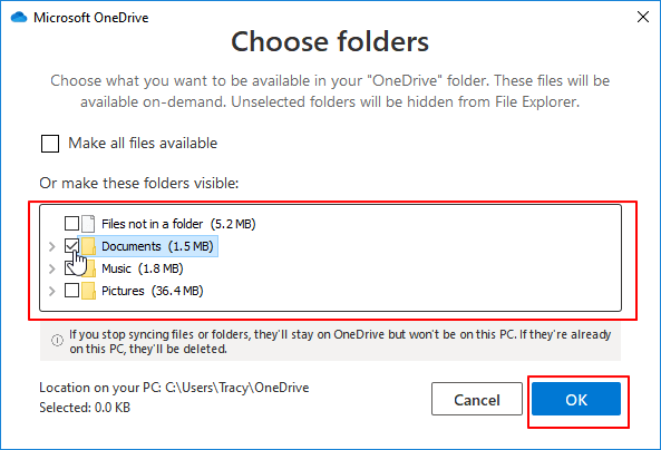 取消選中要在 onedrive 中同步的檔案