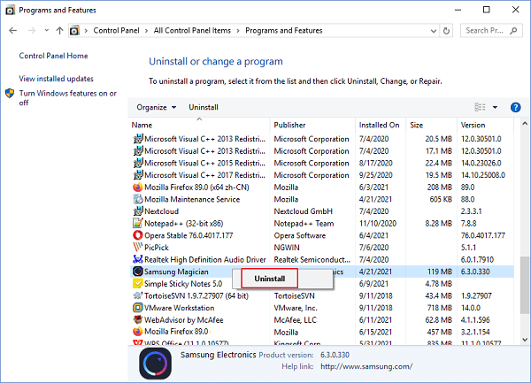 解除安裝Samsung Magician