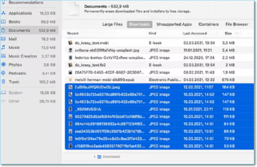瀏覽所有類別以選擇和刪除檔案
