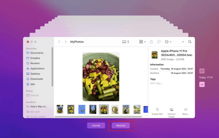 使用 Time Machine 更新到 Catalina 後恢復已刪除的檔案