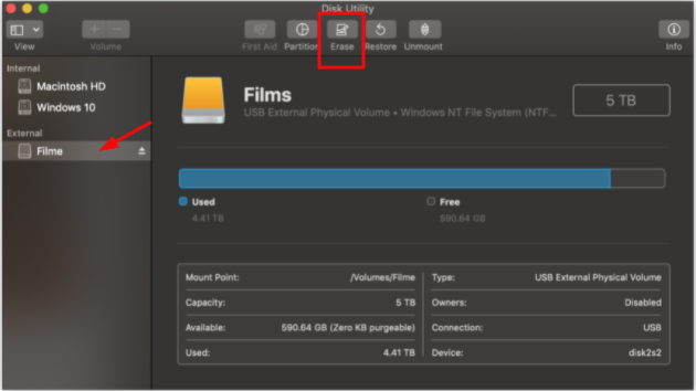 選擇外接硬碟並單擊擦除