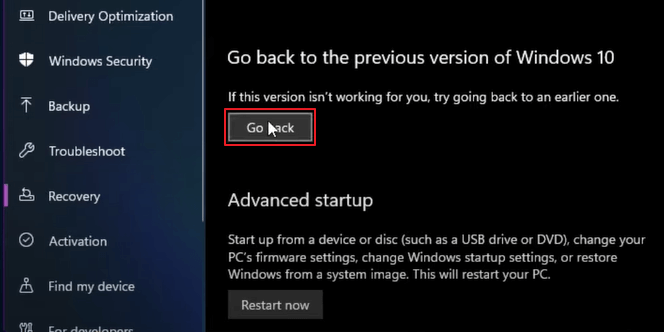 返回到以前版本的 Windows 10