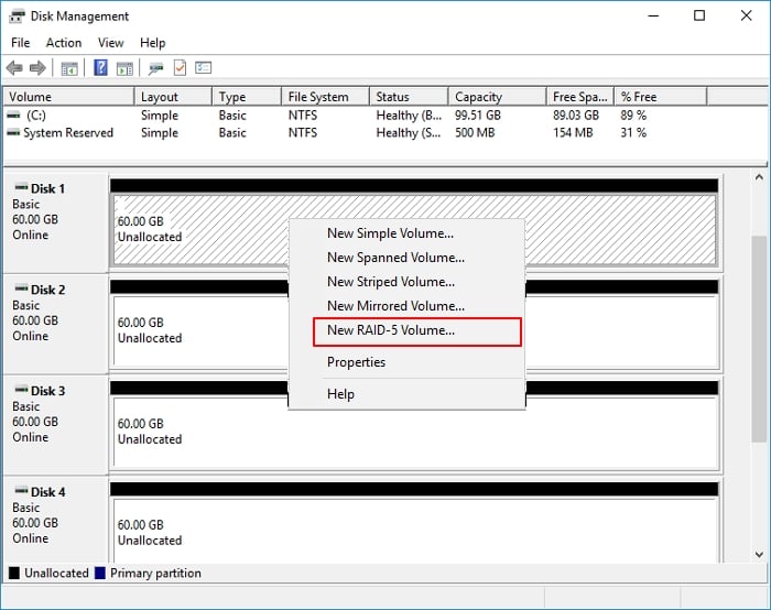 使用新添加的磁碟建立 RAID 5 磁碟區