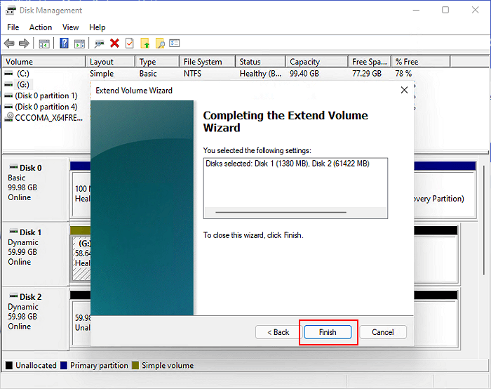 在第二個磁碟上使用未分配空間完成延伸磁碟分區