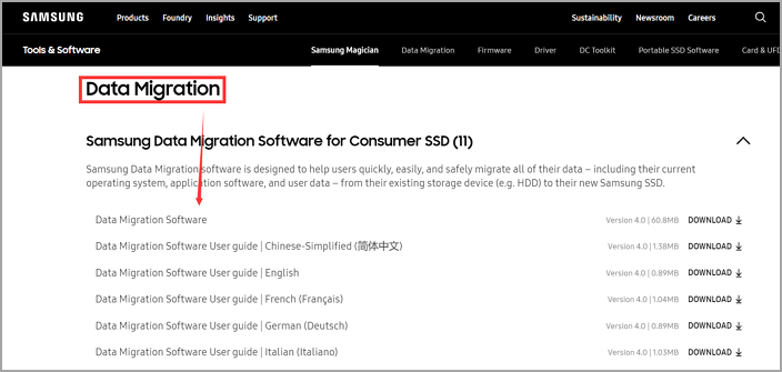 從網站下載 Samsung Data Migration
