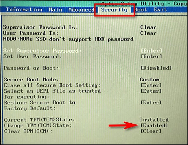 從安全畫面啟用 tpm