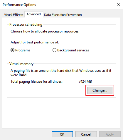 變更虛擬記憶體大小