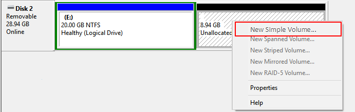 新建簡單卷在 USB 上變灰色