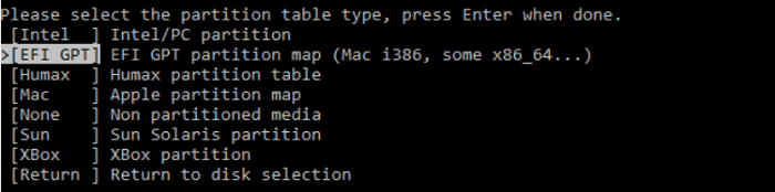 選擇分割資料表類型