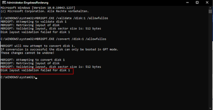 嘗試轉換,但磁碟 1 的磁碟佈局驗證失敗