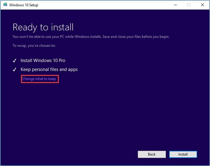 更改安裝 Windows 10 時要保留的內容