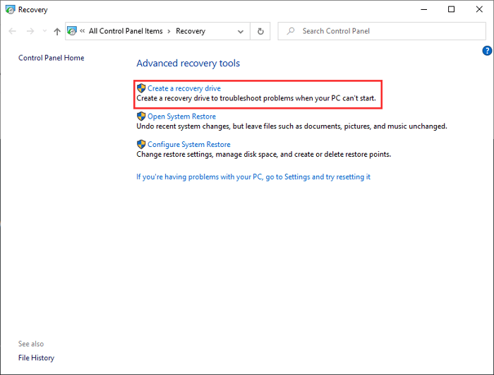 在控制台中建立修復磁碟機