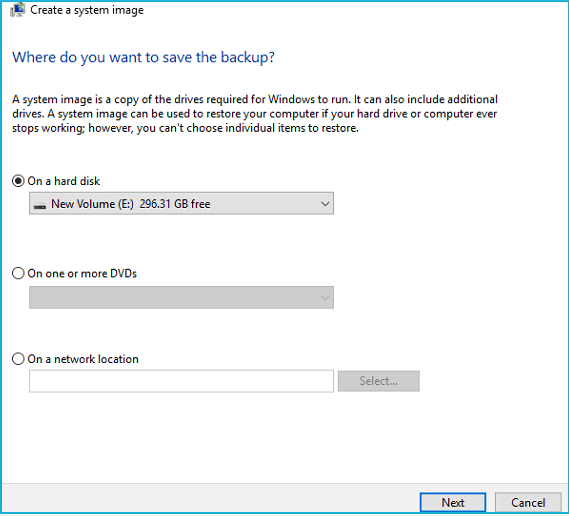 選擇儲存Windows 10完整備份的目的地