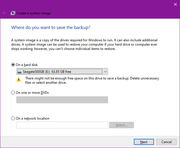 選擇外接硬碟以儲存系統映像
