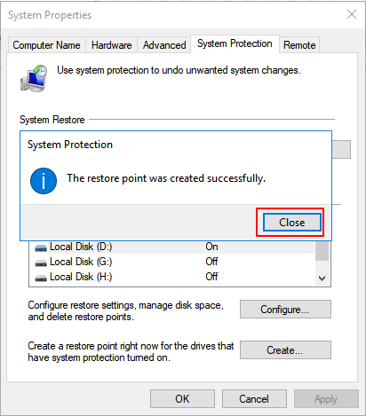 完成建立windows 10還原點