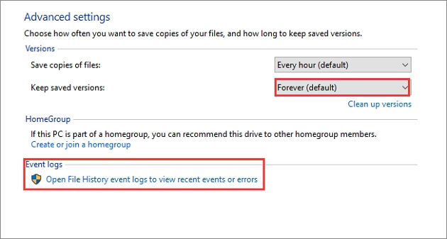 檔案歷程記錄進階設定