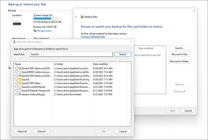 在備份和還原中找到檔案