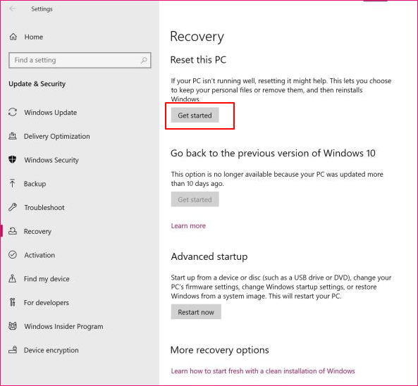 點擊開始重設Windows 10