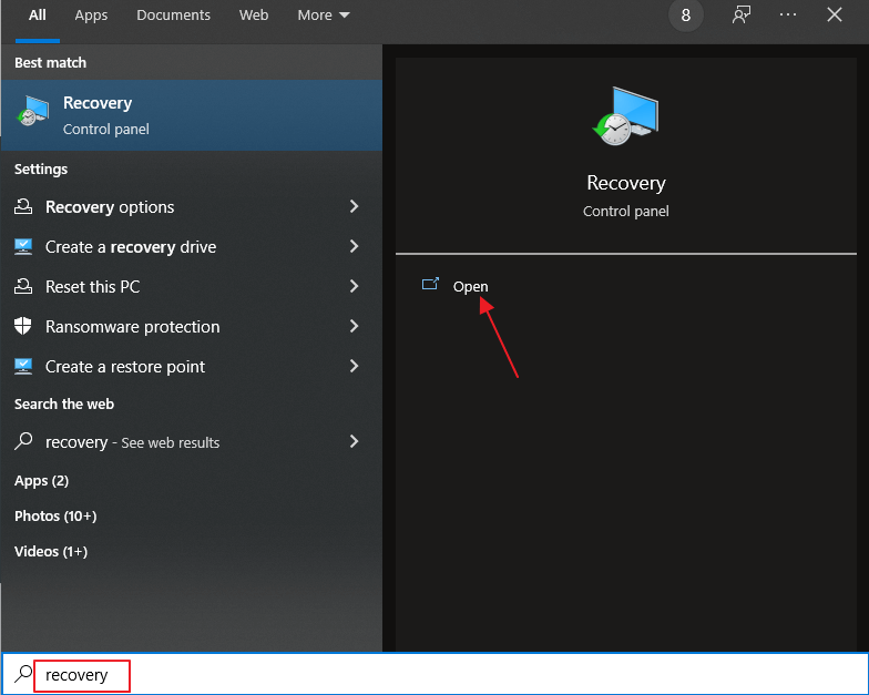 在搜尋中輸入復原