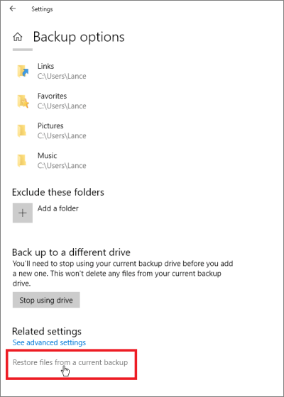恢復檔案歷程備份