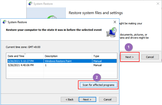 選擇 Windows 還原點並掃描受影響的程式