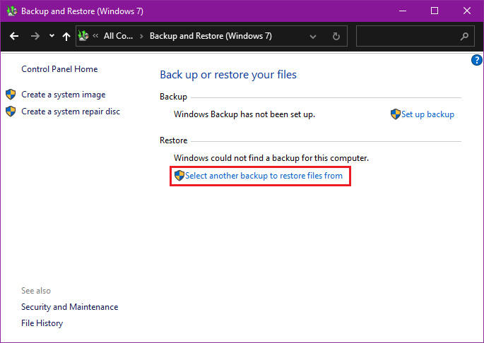Select image backup to restore lost files