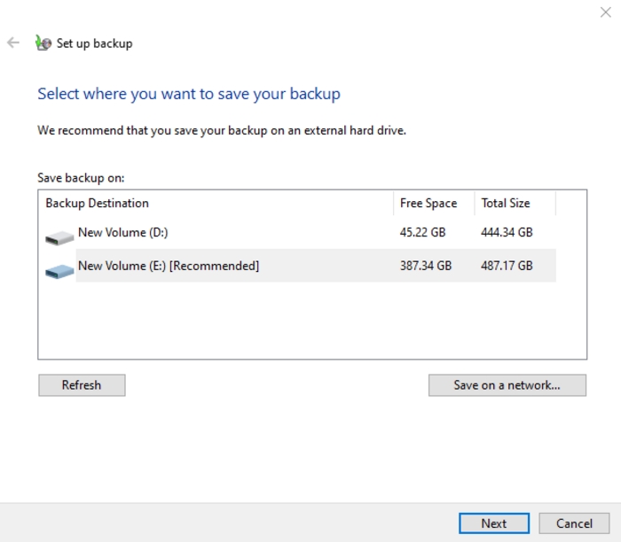 Windows 備份和還原的目標位置