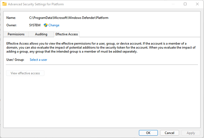 切換到有效存取權選項卡並選擇一個使用者