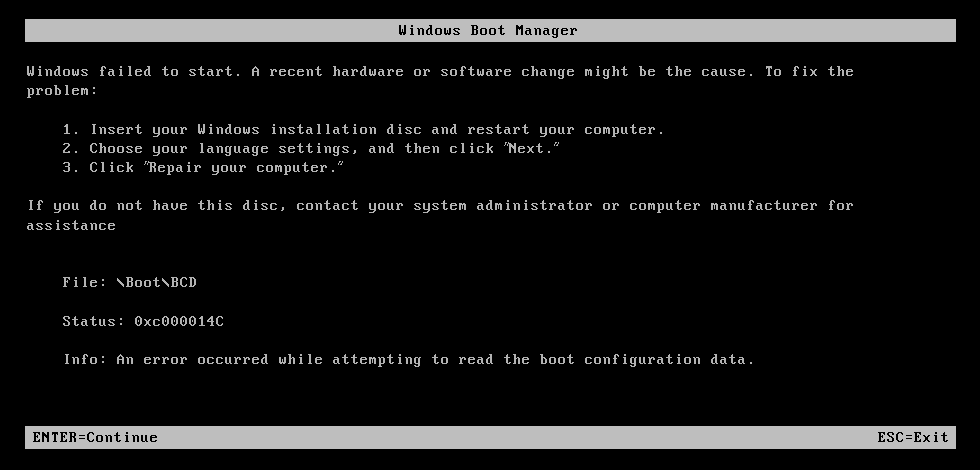windows無法開機錯誤畫面