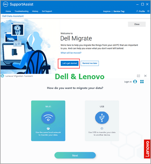 Dell Migrate 和 Lenovo Migration Assistant 介面