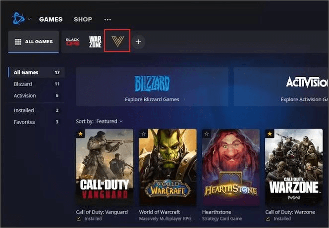 從工具欄中顯示的遊戲中轉到“COD Vanguard”選項