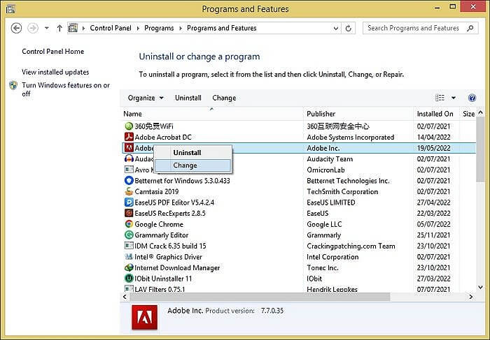 右鍵點擊程式並選擇更改