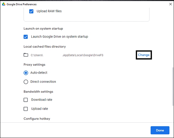 點擊更改，然後為資料夾選擇不同的位置