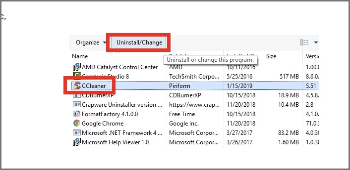 在以前的系統中卸載 CCleaner