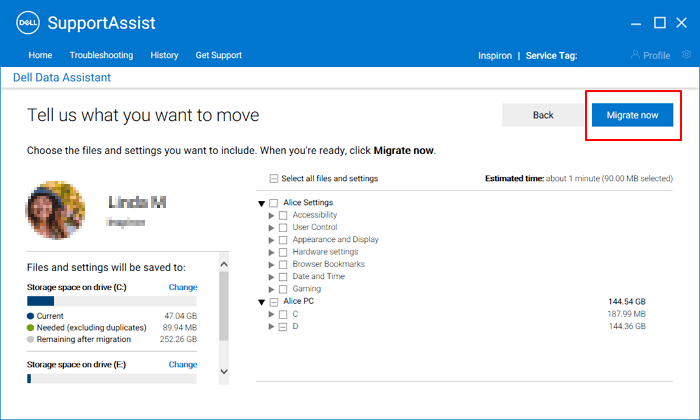 配置傳輸內容,並點擊“立即遷移”