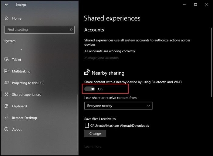 啟用附近共享選項