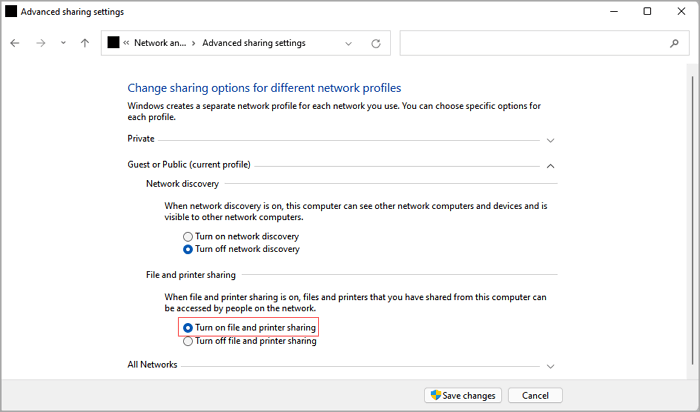 打開檔案和印表機共享