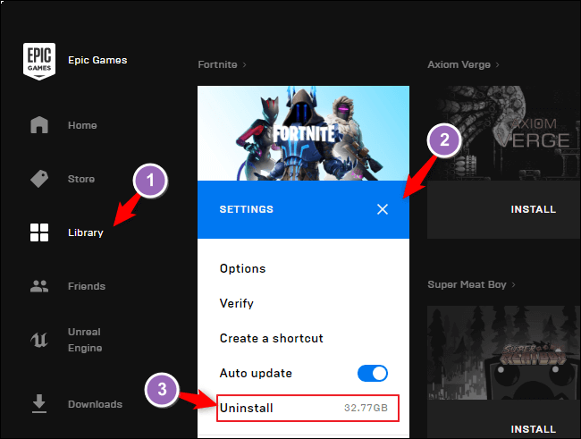 解除安裝 Epic 遊戲