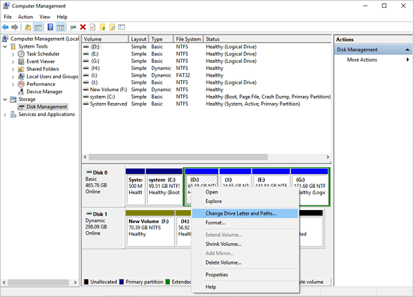 在磁碟管理中變更磁碟機代號