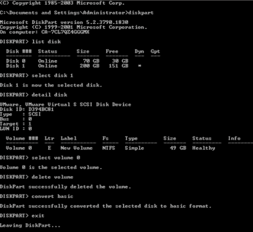 使用 diskpart 指令將動態變更為基本磁碟