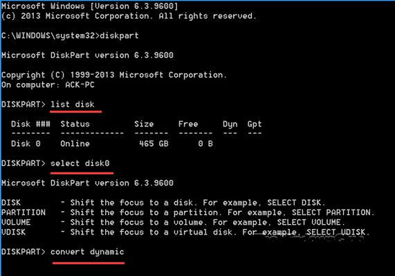 使用 diskpart 指令將基本磁碟轉換為動態磁碟