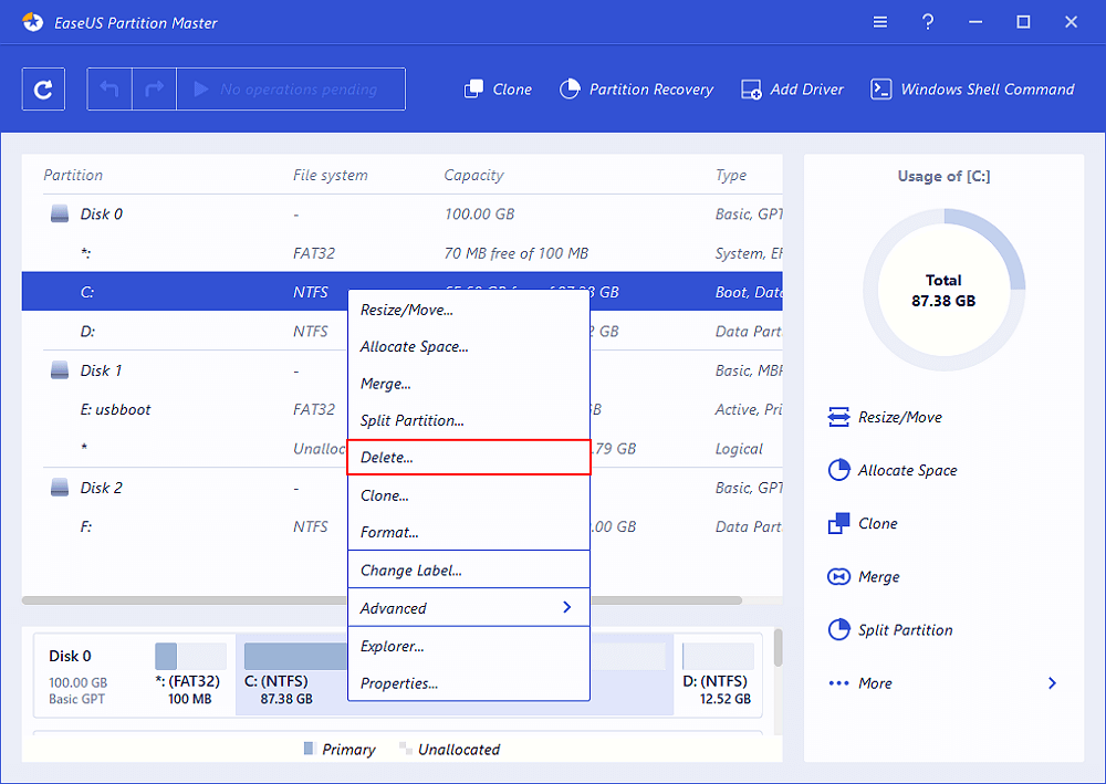 刪除所有磁區包含系統磁區 — 步驟1
