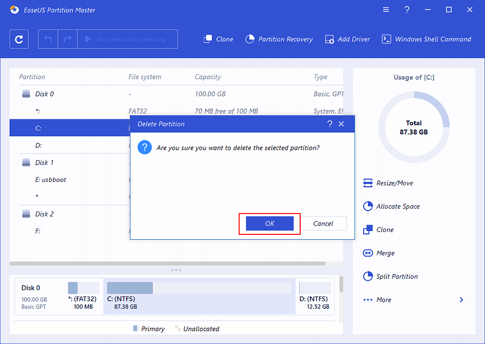 刪除所有磁區包含系統磁區 — 步驟2