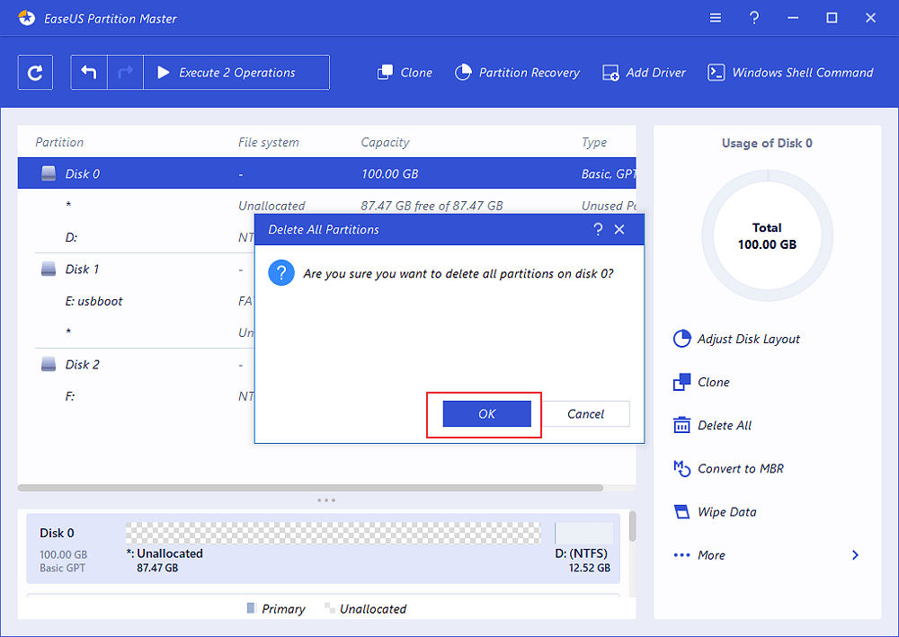 刪除所有磁區包含系統磁區 — 步驟6