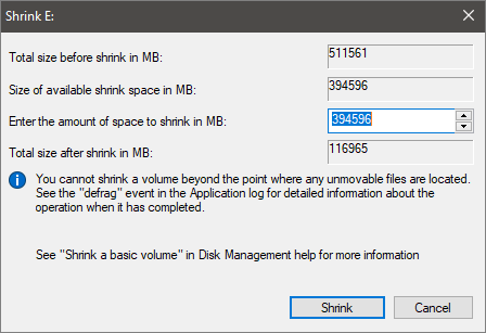 輸入分割區大小
